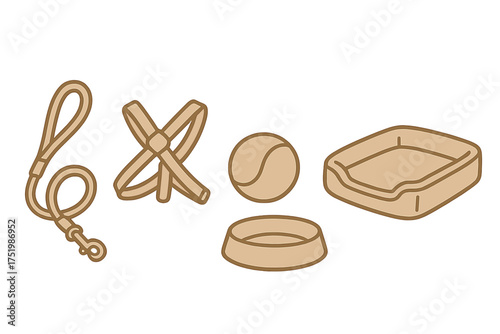 Collection of essential dog supplies including leash harness tennis ball food bowl and pet bed