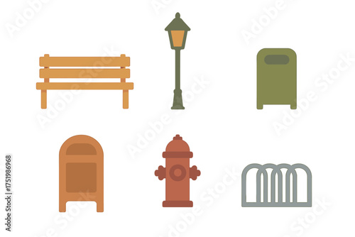 Essential urban and park infrastructure elements: bench, street lamp, trash cans, fire hydrant, and bike rack