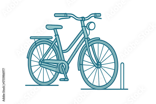 Classic city bicycle parked at a public bike rack for urban commuting and sustainable travel