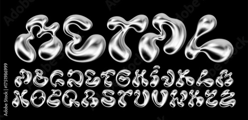 Metal bubble font alphabet A–Z. Glossy 3D silver liquid letters with bold aesthetic and droplet effect. Vector set