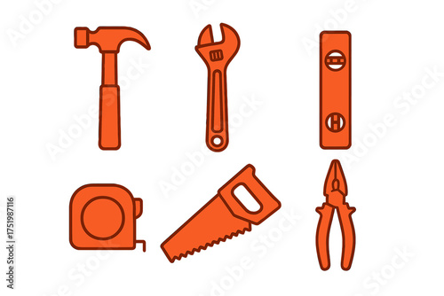Six essential construction and DIY repair tools isolated on white background