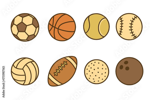 Set of various sports balls including soccer, basketball, tennis, and baseball equipment