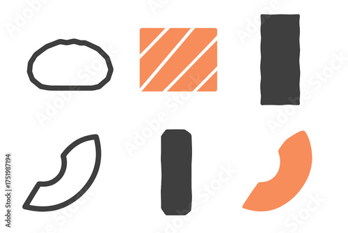 Minimalist abstract shapes representing sushi ingredients salmon nori and rice outlines for Japanese food design