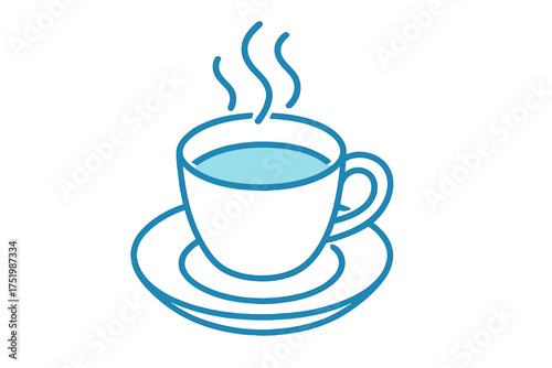 Minimalist blue line art of a steaming hot beverage cup on a saucer