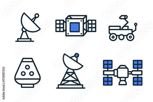 Space exploration symbols showing satellites, rover, and antenna dishes