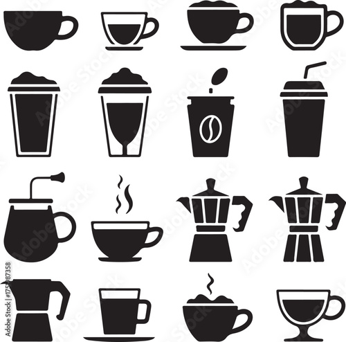 Collection of coffee icons in black and white for design elements