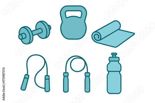 Essential fitness equipment collection featuring dumbbell, kettlebell, yoga mat, jump rope, and water bottle icons