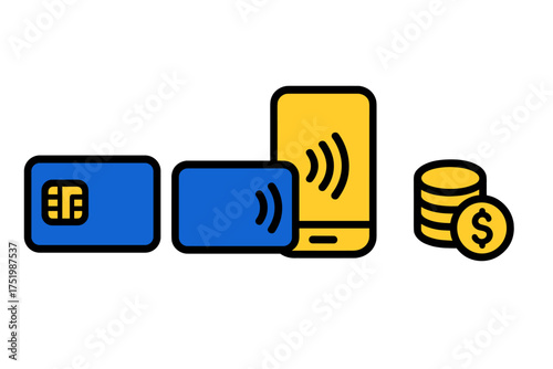 Contactless payment methods including SIM card, NFC card, mobile phone, and currency coins