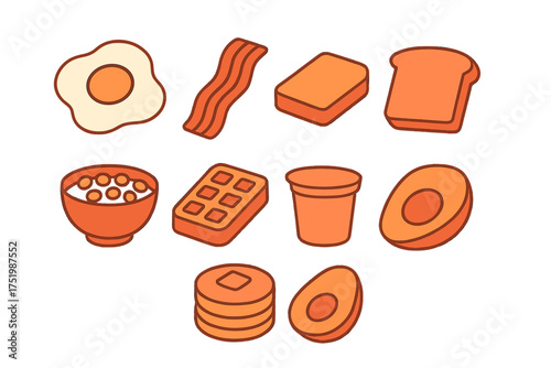 Classic breakfast ingredients and dishes including fried egg bacon toast and avocado halves
