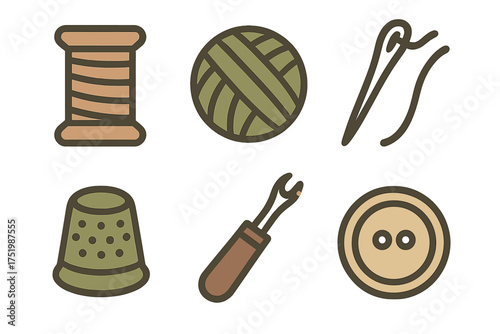 Essential sewing and tailoring tools featuring thread spool, yarn ball, needle, thimble, seam ripper, and button