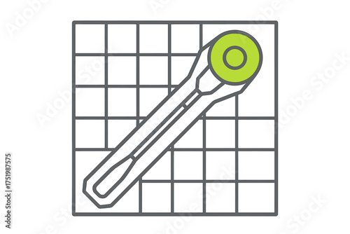 Rotary cutter tool with bright green handle on a square grid cutting mat background