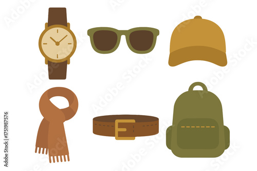 Essential autumn and travel accessories collection: watch, sunglasses, cap, scarf, belt, backpack