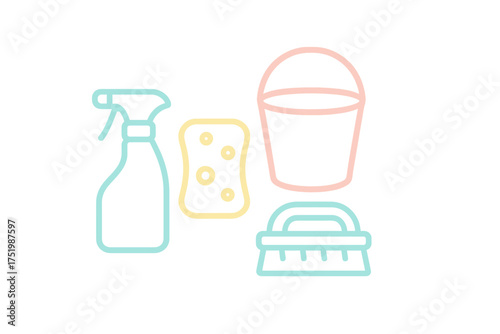Minimalist outline icons set of essential cleaning tools like spray bottle sponge and bucket