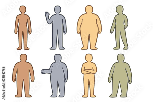 Simple colored silhouettes showing diverse human body shapes and sizes