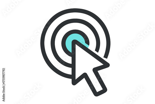 Digital mouse pointer selecting the bullseye center of a target symbol for marketing goals and precision