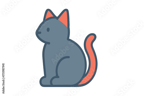 Minimalist sitting domestic cat with thick outlines and contrasting coral tail and ears