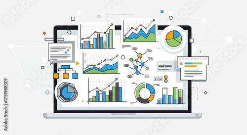 Dynamic digital dashboard showcases real time data analytics, financial charts, and growth trends on modern laptop screen for business insights.