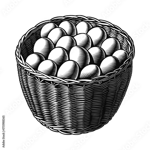 Engraved Basket of Eggs Vector Illustration Farm Fresh Organic Food Design