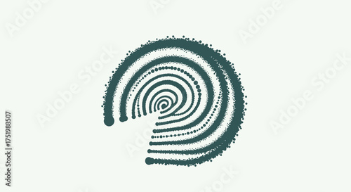 Abstract dark teal granular spiral shape formed by concentric dotted arcs and lines