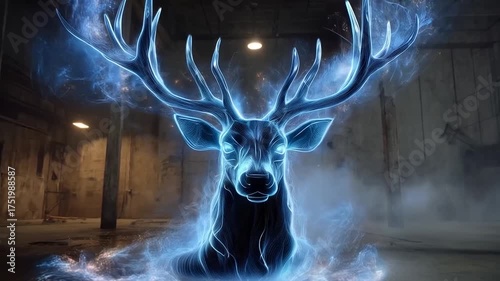 Ethereal blue glowing deer spirit in abandoned warehouse scene, magical and mysterious