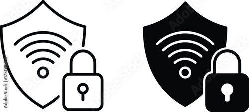 Cybersecurity protection icon, secure WiFi connection, data encryption concept, internet safety, digital shield and padlock, secure network privacy vector illustration