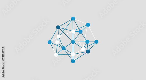 Abstract geometric network of interconnected blue and white spheres with lines, forming a complex data structure.