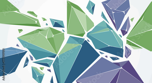 Dynamic cluster of faceted geometric crystals in cool tones of green, blue, and purple.