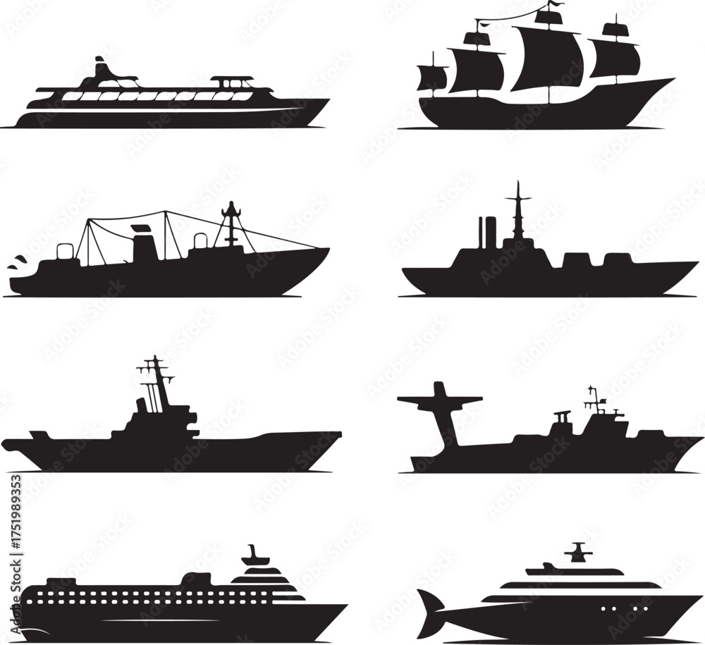 Fototapeta premium Collection of various ship silhouette vector illustration black and white design
