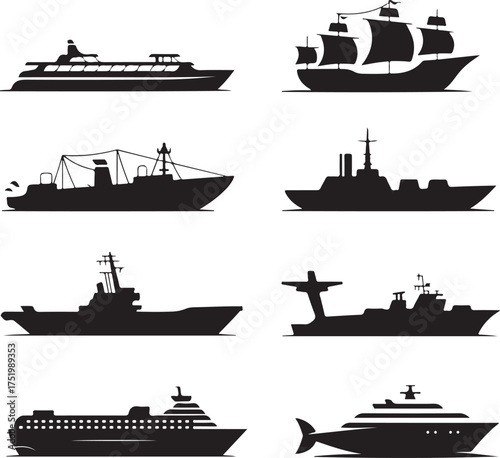 Collection of various ship silhouette vector illustration black and white design