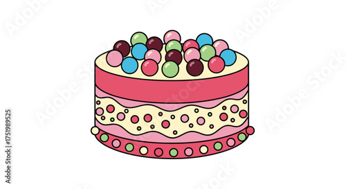 A delicious layered cake adorned with colorful candy spheres and festive sprinkles.