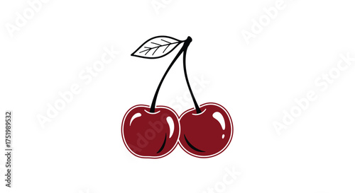 Two ripe cherries with a stem and leaf.