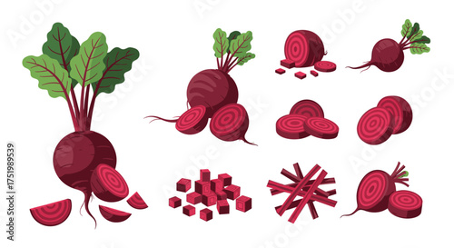 A collection of whole sliced and diced beets showing their vibrant red color.