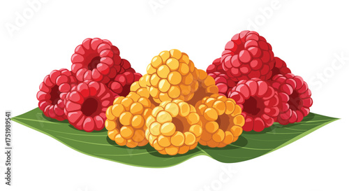 A colorful assortment of fresh raspberries and golden raspberries sits on a green leaf.