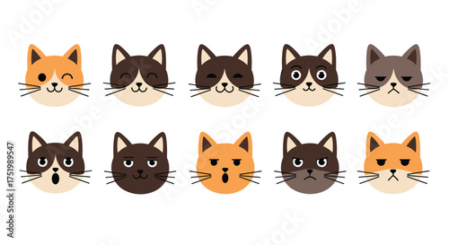 A collection of cute pixelated cat faces expressing various emotions.