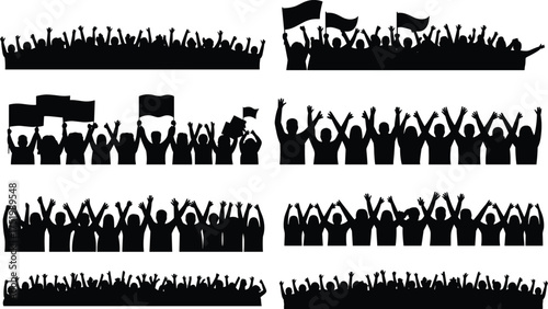 Silhouette of cheering crowd with raised hands and flags representing celebration, unity, protest, concert, and people gathering for events.