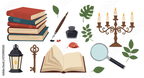 A collection of antique writing and reading tools for storytelling and learning.