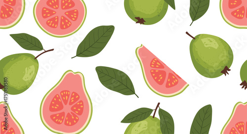 A seamless pattern of pink guava slices and whole green guavas with leaves.