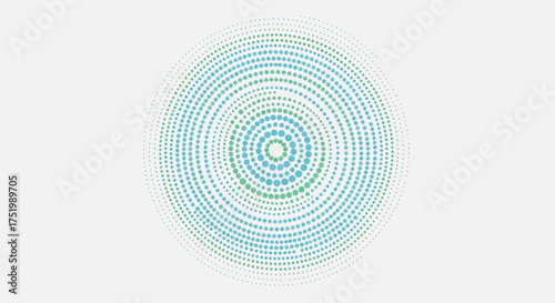 Vibrant concentric blue and green halftone dots creating a dynamic circular pattern, abstract graphic design.