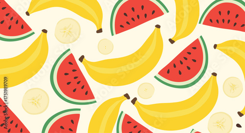 A bright and cheerful pattern featuring sliced watermelons and bananas.