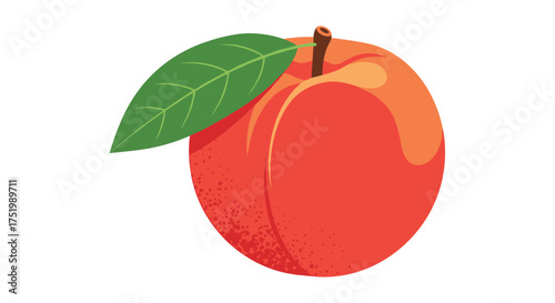A ripe juicy peach with a green leaf and stem.