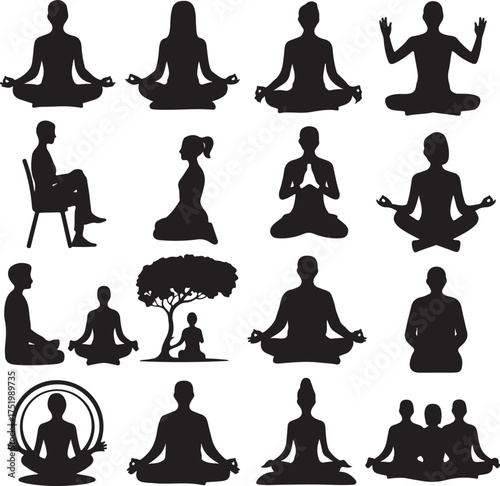 Diverse Yoga Poses Silhouette Collection for Wellness and Mindfulness Practices