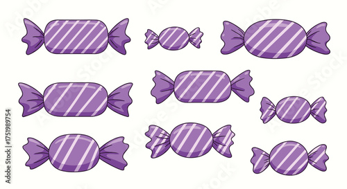 Collection of purple wrapped candies with white stripes.
