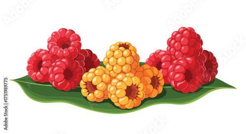 A pile of red and yellow raspberries resting on a green leaf.