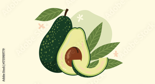 Fresh ripe avocados whole halved and sliced with leaves and flowers.