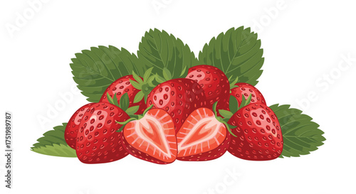 Fresh ripe strawberries with green leaves on a white background.