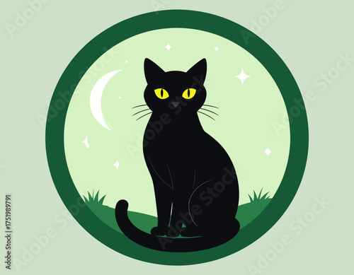 A sleek black cat sits serenely under a crescent moon and twinkling stars, framed by a green circle.