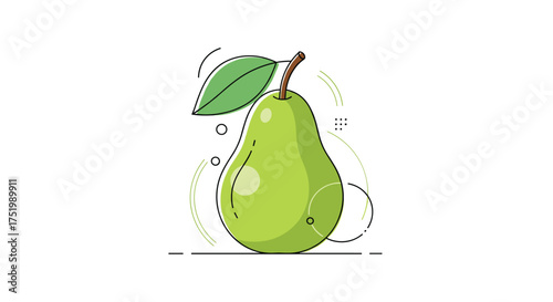 A single fresh green pear with a leaf and abstract designs.