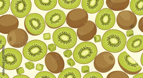 A vibrant pattern of sliced and whole kiwis and kiwi cubes.