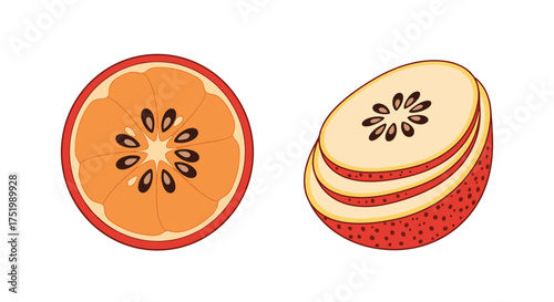Two colorful slices of fruit showing seeds and pith inside.