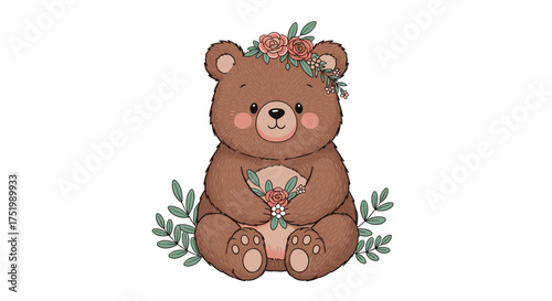 A cute teddy bear wearing a floral crown and holding a bouquet of flowers.